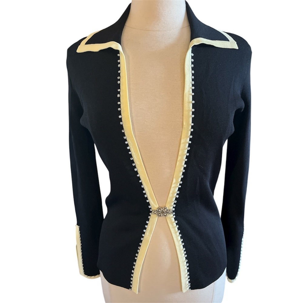 Vertigo Paris Black Cardigan Cream & pearl trim Rhinestone clasp closure Size S